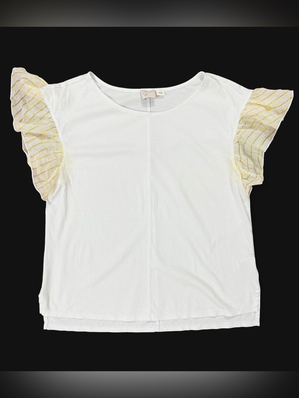 Anthropologie White Yellow Striped Ruffle Sleeve Blouse Women’s Size S